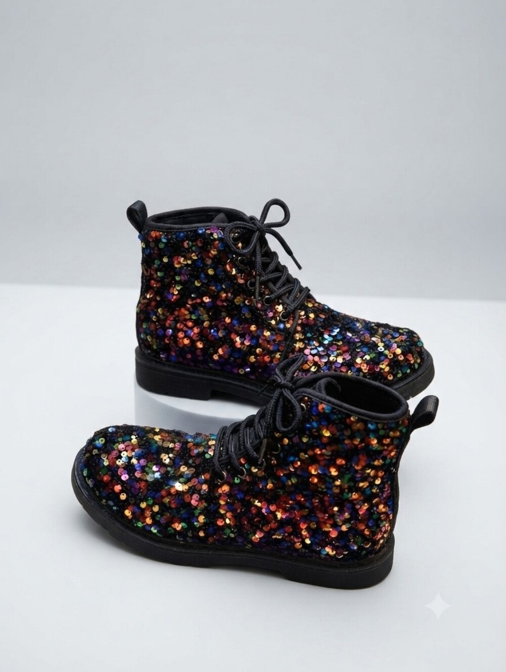 Unique Black Sequin Lace-Up Boots - Sparkling Multicolor ✨ 💕